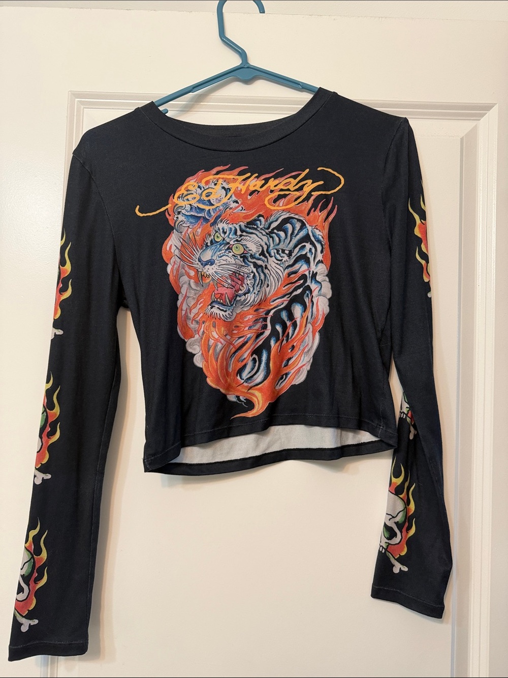 Ed Hardy Black Cropped Long-Sleeve Tee with Orange Flame Tiger